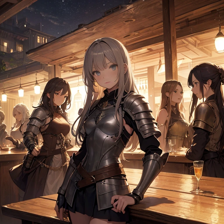 A group of female medieval fantasy adventurers, (in bar), various hair styles, harem, night, details face, short skirt, seducing, sleeveless, armor