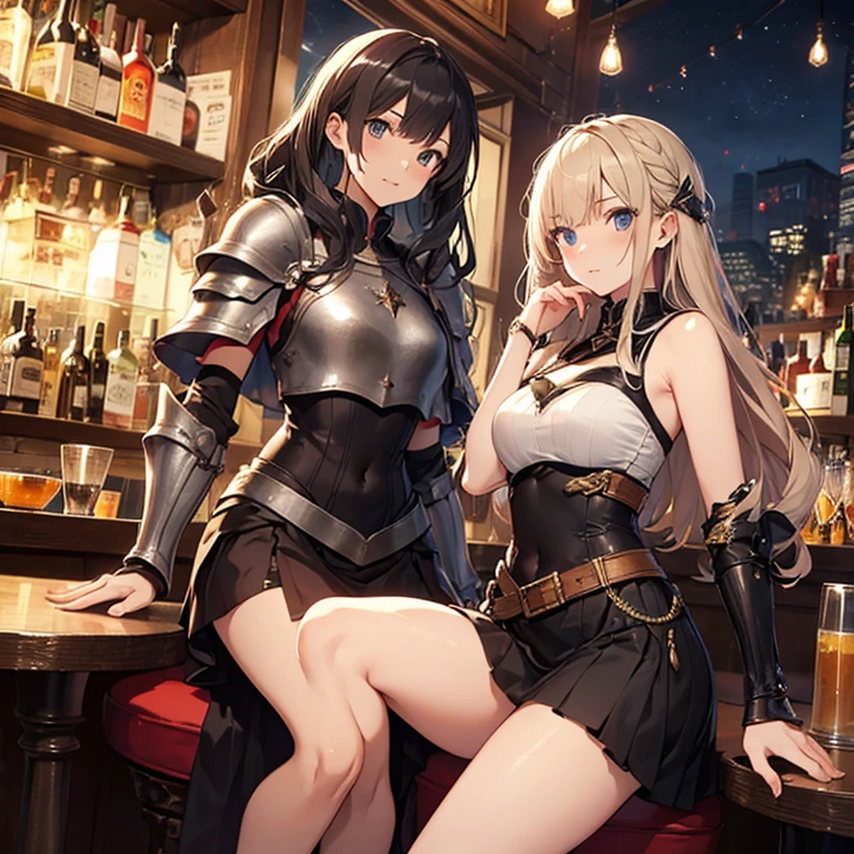 A group of  female medieval fantasy adventurers, (in bar), various hair styles, harem, night, details face, short skirt, seducing, sleeveless, armor 