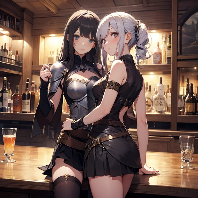 A group of  female medieval fantasy adventurers, (in bar), various hair styles, harem, night, details face, short skirt, seducing, sleeveless, armor 