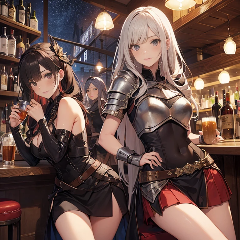 A group of female medieval fantasy adventurers, (in bar), various hair styles, harem, night, details face, short skirt, seducing, sleeveless, armor