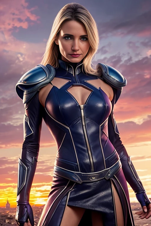 Cameron Diaz、Torn Suit、I'm wearing a skirt、masterpiece, 1 Girl, マーベルのサイロックとしてbeautiful女性, X-Men Psylocke Cosplay、purple suit、Fine and delicate features, Futuristic New York Background, Science fiction, blonde, Super e, heroic, Perfect balance, photograph, 超Realistic, masterpiece, 8k, large format camera, 110mm lens, Dynamic Lighting, Rim lighting、Official Art, extremely detailed CG 8K wallpaper, perfect Lighting, De color, bright_amount_method_Light, piel bright, (masterpiece:1.0), (Better_quality:1.0), Ultra-high resolution, 4k , Very detailed, Director of Photography, 8K, HDR, Altas ResoLightones, (Confused:1.2), Kodak Portrait 400, Film Grain, blurred background, (Bokeh:1.2), Lens flare, (Vibrant_color:1.2), プロのphotograph撮影, (beautiful_method:1.5),More detailed 8K.Unreal Engine:1.4,Hmm.,La Better calidad:1.4, Realistic:1.4, Skin temperature:1.4, masterpiece:1.8,masterpiece, Better calidad,Object Object], (Detailed facial features:1.3),(Anti-sedentary apocalyptic destroyed city:1.4), (Apocalyptic Sunset:1.4)