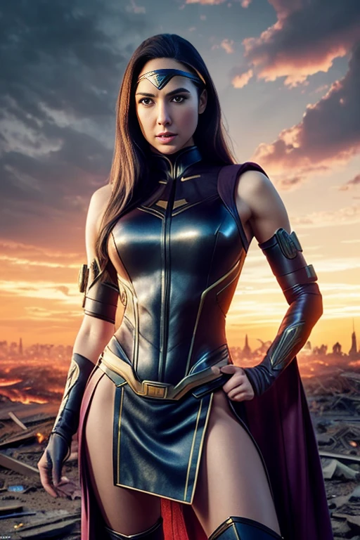 gal gadot、Torn Suit、I'm wearing a skirt、masterpiece, 1 Girl, マーベルのサイロックとしてbeautiful女性, X-Men Psylocke Cosplay、purple suit、Fine and delicate features, Futuristic New York Background, Science fiction, blonde, Super Heroine, heroic, Perfect balance, photograph, 超Realistic, masterpiece, 8k, large format camera, 110mm lens, Dynamic Lighting, Rim lighting、Official Art, extremely detailed CG 8K wallpaper, perfect Lighting, De color, bright_amount_method_Light, piel bright, (masterpiece:1.0), (Better_quality:1.0), Ultra-high resolution, 4k , Very detailed, Director of Photography, 8K, HDR, Altas ResoLightones, (Confused:1.2), Kodak Portrait 400, Film Grain, blurred background, (Bokeh:1.2), Lens flare, (Vibrant_color:1.2), プロのphotograph撮影, (beautiful_method:1.5),More detailed 8K.Unreal Engine:1.4,Hmm.,La Better calidad:1.4, Realistic:1.4, Skin temperature:1.4, masterpiece:1.8,masterpiece, Better calidad,Object Object], (Detailed facial features:1.3),(Anti-sedentary apocalyptic destroyed city:1.4), (Apocalyptic Sunset:1.4)