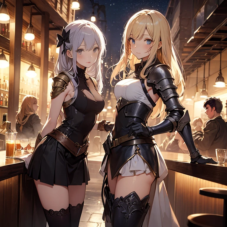 A group of female medieval fantasy adventurers, (in bar), various hair styles, harem, night, details face, short skirt, seducing, sleeveless, armor