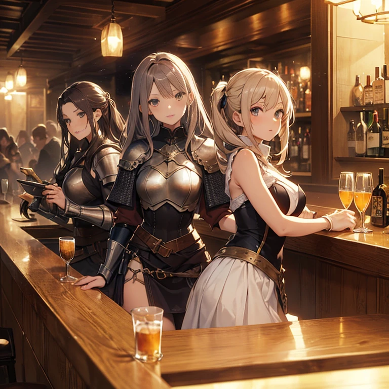 A group of  female medieval fantasy adventurers, (in bar), various hair styles, harem, night, details face, short skirt, seducing, sleeveless, armor 