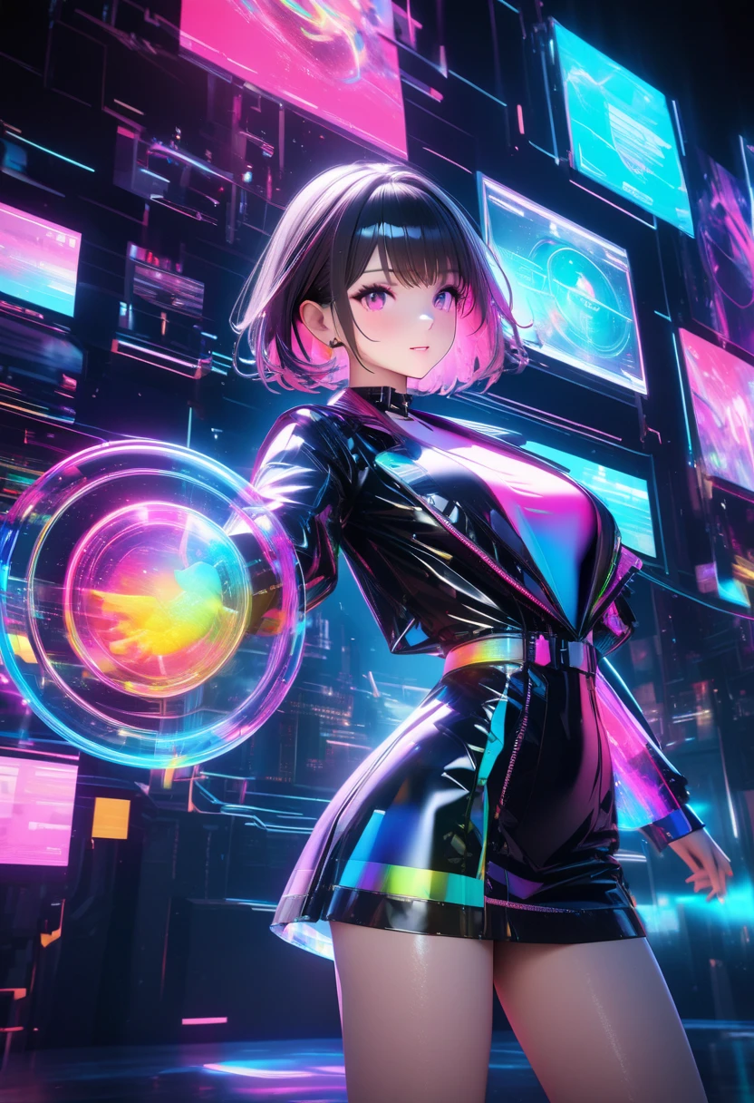 holography, draw in neon colors:1 girl:Future, transparent, Three dimensions, light, SF, Digital art, Digital, scientific, dark background: electronic circuit: draw in neon colors, 3D, masterpiece, Digital space, energy, beautiful, masterpiece, 8K, light, be familiar with, lively, colorful, nice, beautiful, rich colors, beautiful Light Lines. magic effect, Sparkling, beautiful Light Grains