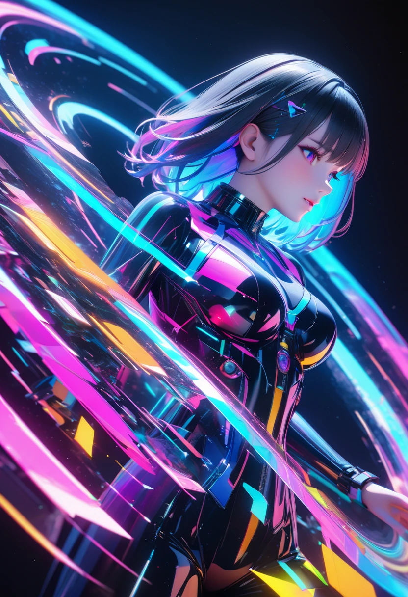 holography, draw in neon colors:1 girl:Future, transparent, Three dimensions, light, SF, Digital art, Digital, scientific, dark background: electronic circuit: draw in neon colors, 3D, masterpiece, Digital space, energy, beautiful, masterpiece, 8K, light, be familiar with, lively, colorful, nice, beautiful, rich colors, beautiful Light Lines. magic effect, Sparkling, beautiful Light Grains