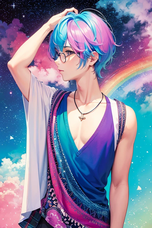 (masterpiece, highest quality, highest quality,watercolor (Moderate),Official Art, beautifully、aesthetic:1.2),(One man:1.3), (Fractal Art:1.3),Upper Body, from the front, View your viewers,pattern,(very short hair,Rainbow Hair,colorful hair,half blue、half pink hair:1.2),water,liquid, cloud,colorful, Starry sky,performer,30 year old male,Wearing glasses,