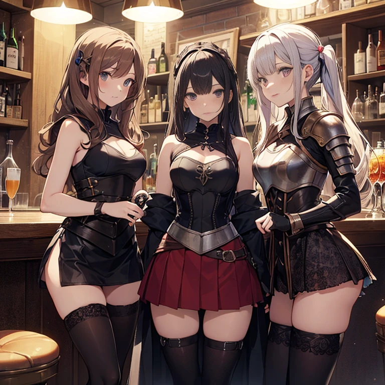 A group of  female medieval fantasy adventurers, (in bar), various hair styles, harem, night, details face, short skirt, seducing, sleeveless, armor 