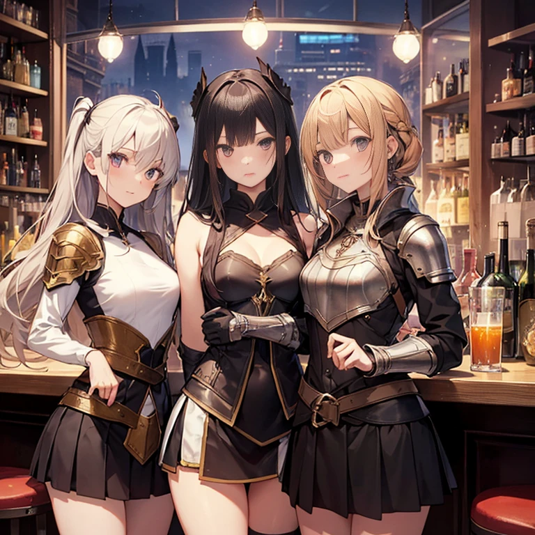 A group of  female medieval fantasy adventurers, (in bar), various hair styles, harem, night, details face, short skirt, seducing, sleeveless, armor 