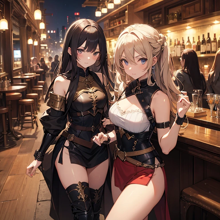 A group of female medieval fantasy adventurers, (in bar), various hair styles, harem, night, details face, short skirt, seducing, sleeveless, armor