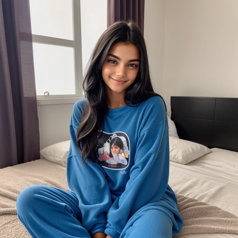 girl, beautiful, teenager, black hair, blue eyes,sleeping clothes, Isis Valverde's face, smile