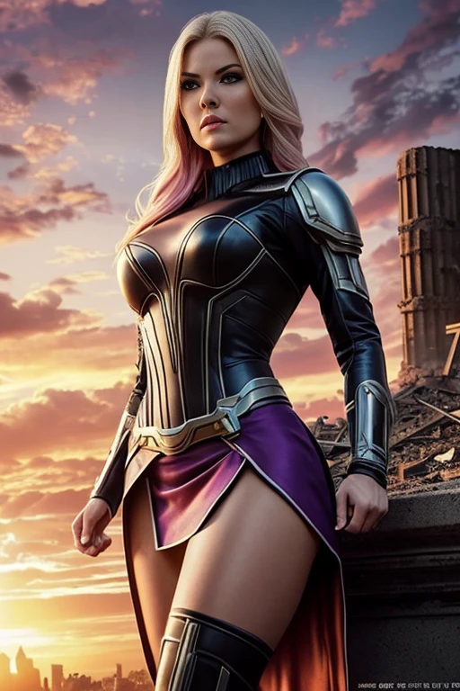 Elisha Cuthbert、Torn Suit、I'm wearing a skirt、masterpiece, 1 Girl, マーベルのサイロックとしてbeautiful女性, X-Men Psylocke Cosplay、purple suit、Fine and delicate features, Futuristic New York Background, Science fiction, blonde, Super Heroine, heroic, Perfect balance, photograph, 超Realistic, masterpiece, 8k, large format camera, 110mm lens, Dynamic Lighting, Rim lighting、Official Art, extremely detailed CG 8K wallpaper, perfect Lighting, De color, bright_amount_method_Light, piel bright, (masterpiece:1.0), (Better_quality:1.0), Ultra-high resolution, 4k , Very detailed, Director of Photography, 8K, HDR, Altas ResoLightones, (Confused:1.2), Kodak Portrait 400, Film Grain, blurred background, (Bokeh:1.2), Lens flare, (Vibrant_color:1.2), プロのphotograph撮影, (beautiful_method:1.5),More detailed 8K.Unreal Engine:1.4,Hmm.,La Better calidad:1.4, Realistic:1.4, Skin temperature:1.4, masterpiece:1.8,masterpiece, Better calidad,Object Object], (Detailed facial features:1.3),(Anti-sedentary apocalyptic destroyed city:1.4), (Apocalyptic Sunset:1.4)