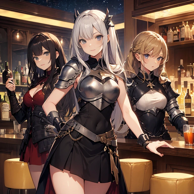 A group of  female medieval fantasy adventurers, (in bar), various hair styles, harem, night, details face, short skirt, seducing, sleeveless, armor 