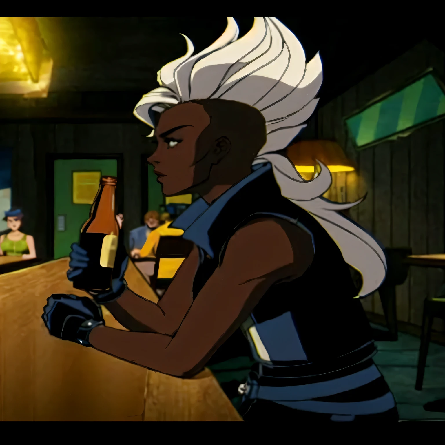 cartoon of a woman holding a beer bottle in a bar, portrait of ororo munroe, vixen, x-men storm, storm!, brittney lee, black canary, badass pose, loish |, animated episode still, handsome drow, amanda clarke, female lightning genasi, afrofuturism anime, cyborg - girl with silver hair, storm, jake parker