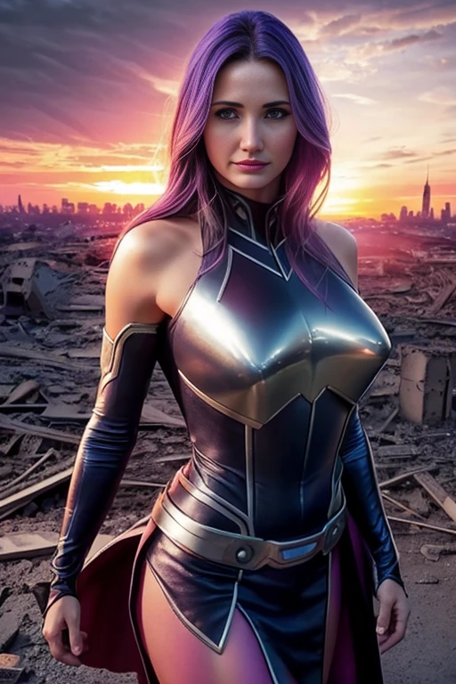 Cameron Diaz、Torn Suit、I'm wearing a skirt、masterpiece, 1 Girl, マーベルのサイロックとしてbeautiful女性, X-Men Psylocke Cosplay、purple suit、Fine and delicate features, Futuristic New York Background, Science fiction, blonde, Super Heroine, heroic, Perfect balance, photograph, 超Realistic, masterpiece, 8k, large format camera, 110mm lens, Dynamic Lighting, Rim lighting、Official Art, extremely detailed CG 8K wallpaper, perfect Lighting, De color, bright_amount_method_Light, piel bright, (masterpiece:1.0), (Better_quality:1.0), Ultra-high resolution, 4k , Very detailed, Director of Photography, 8K, HDR, Altas ResoLightones, (Confused:1.2), Kodak Portrait 400, Film Grain, blurred background, (Bokeh:1.2), Lens flare, (Vibrant_color:1.2), プロのphotograph撮影, (beautiful_method:1.5),More detailed 8K.Unreal Engine:1.4,Hmm.,La Better calidad:1.4, Realistic:1.4, Skin temperature:1.4, masterpiece:1.8,masterpiece, Better calidad,Object Object], (Detailed facial features:1.3),(Anti-sedentary apocalyptic destroyed city:1.4), (Apocalyptic Sunset:1.4)