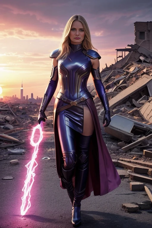 Cameron Diaz、Torn Suit、I'm wearing a skirt、masterpiece, 1 Girl, マーベルのサイロックとしてbeautiful女性, X-Men Psylocke Cosplay、purple suit、Fine and delicate features, Futuristic New York Background, Science fiction, blonde, Super Heroine, heroic, Perfect balance, photograph, 超Realistic, masterpiece, 8k, large format camera, 110mm lens, Dynamic Lighting, Rim lighting、Official Art, extremely detailed CG 8K wallpaper, perfect Lighting, De color, bright_amount_method_Light, piel bright, (masterpiece:1.0), (Better_quality:1.0), Ultra-high resolution, 4k , Very detailed, Director of Photography, 8K, HDR, Altas ResoLightones, (Confused:1.2), Kodak Portrait 400, Film Grain, blurred background, (Bokeh:1.2), Lens flare, (Vibrant_color:1.2), プロのphotograph撮影, (beautiful_method:1.5),More detailed 8K.Unreal Engine:1.4,Hmm.,La Better calidad:1.4, Realistic:1.4, Skin temperature:1.4, masterpiece:1.8,masterpiece, Better calidad,Object Object], (Detailed facial features:1.3),(Anti-sedentary apocalyptic destroyed city:1.4), (Apocalyptic Sunset:1.4)