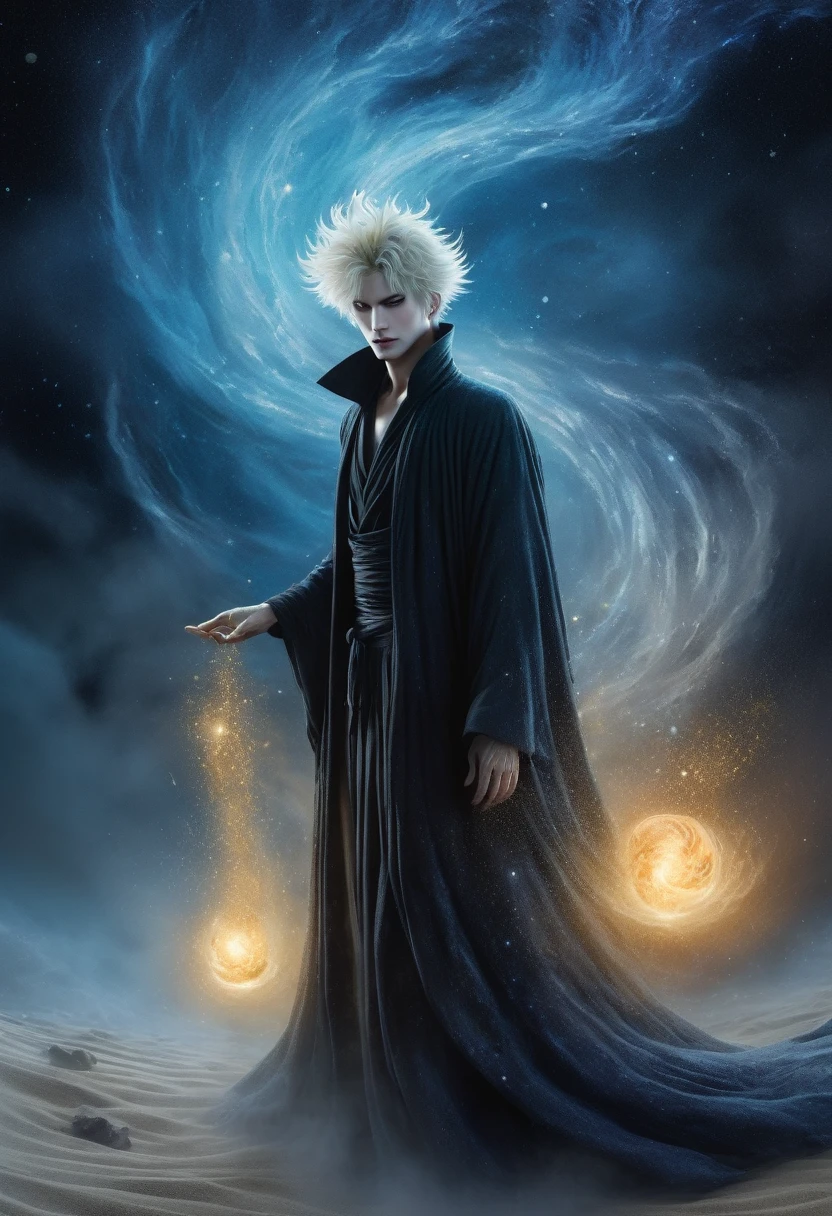 best quality,4k,8k,highres,masterpiece:1.2,ultra-detailed,realistic:1.37,HDR,UHD,ultra-fine painting,sharp focus,dynamic pose,(A sandman, the God of dreams, in the ethereal realm of dreams, surrounded by the mystical and ghostly dimensions.), (He is manipulating magical dust, creating illusions that transcend reality.), (His appearance features pale skin and wide, mesmerizing eyes.), (The artwork is inspired by a sci-fi aesthetic, with a dreamlike atmosphere reminiscent of Yoshitaka Amano's unique style.), (ghostly figures can be seen wandering in the background), (The colors are vivid and surreal, with a focus on mysterious lighting and rich hues.), (The image quality is of the highest standard, with an ultra-detailed and sharp focus to capture every intricate detail.), (The overall result is a masterpiece, showcasing the artist's skill in creating a mesmerizing portrayal of the Sandman and the dream realm.), sci-fi, Cinematic