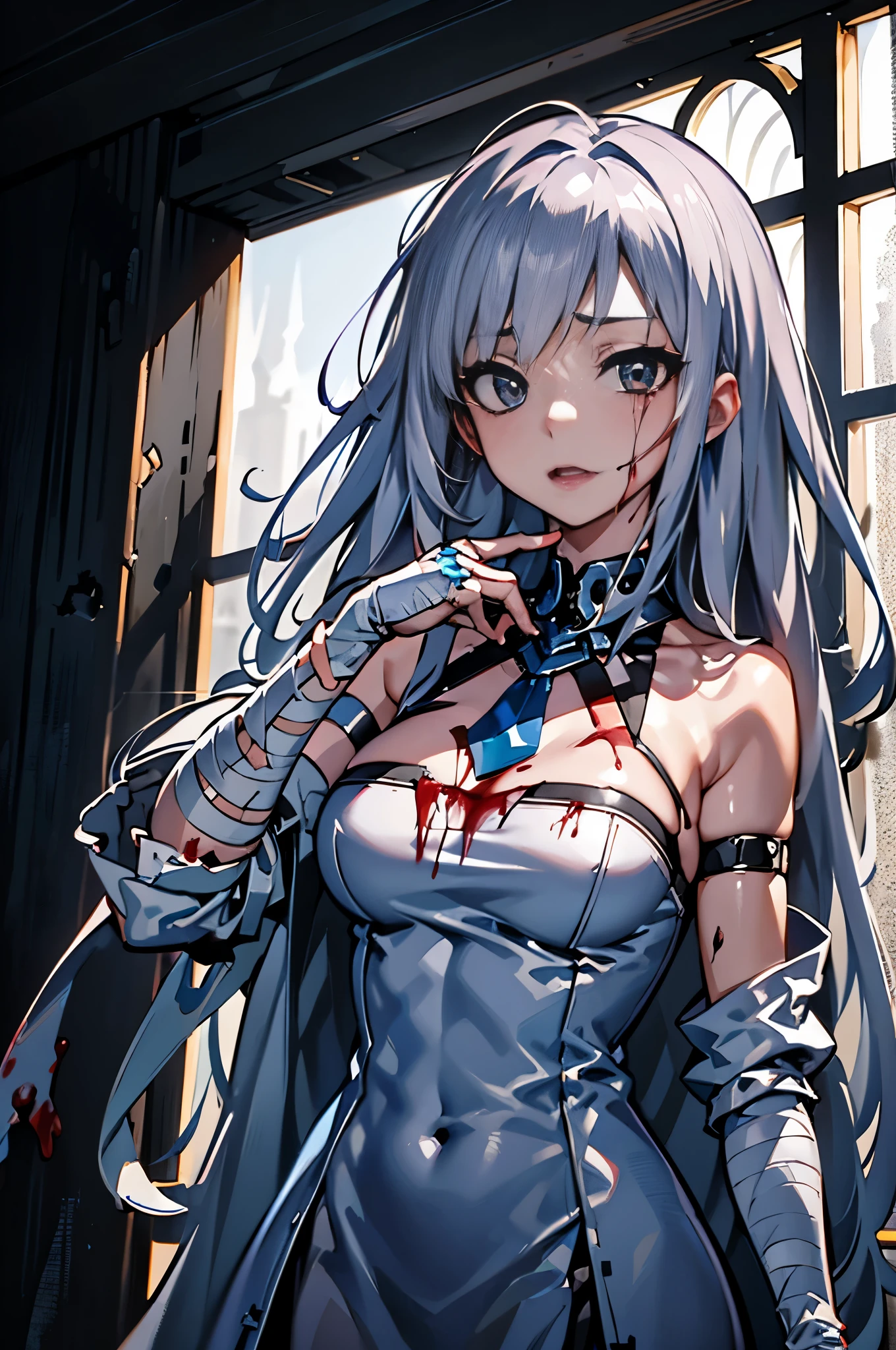 high resolution、High resolution、One person photo、Girl、white long hair、injured、{{She doesn't have a right arm、My right shoulder was torn off}}、bleeding、Wearing a white dress、Wearing a bandage on the face、The bandages are coming off、Crazy、Hollow Eyes、She is the boss character of the game.。
AND A giant sword、Devastating Great Sword、Devil's Sword、Bloodyの剣、Girlの後ろに浮かんでいる、Magic and a destroyed worldview、Broken church、Dark fantasy、Bloody、Fight
