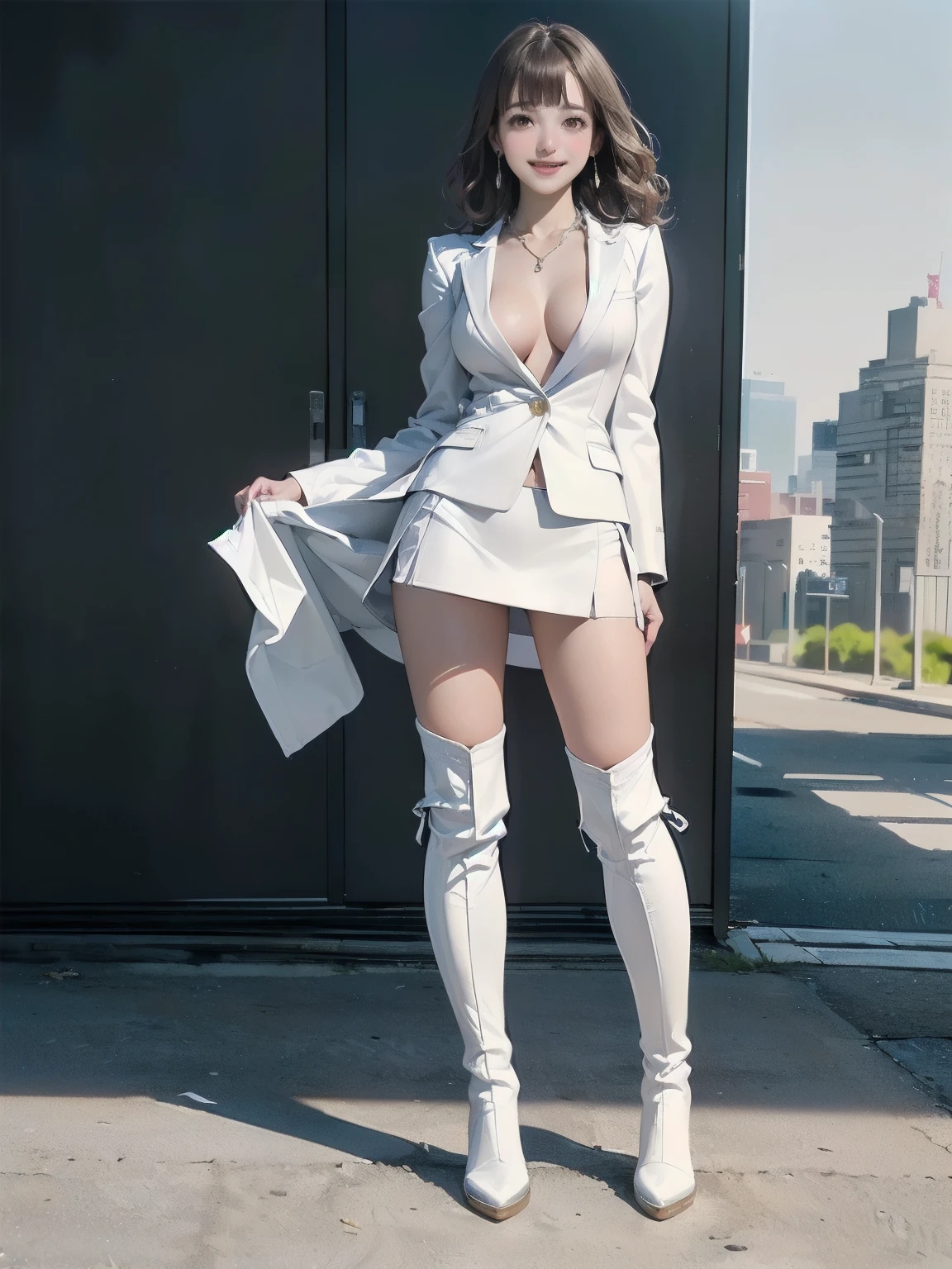 high resolution, best quality, master piece, very high image quality, ultra detailed, hyper realistic, 3d, from below, standing open legs, arms crossed, intelligent beauty, black glasses, white silver glossy hair, high layer cut, mullet hair style, sparkling glossy blue big eyes, glossy lips, white open-chested cardigan, blue sexy lingerie, black tight miniskirt, black knee-high socks, high heels, huge breasts, full body, slender