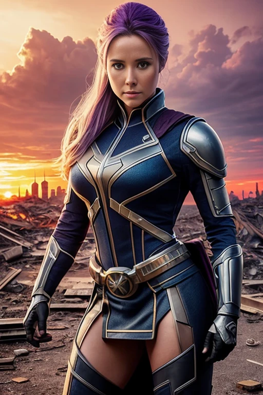 Kristen Bell、Torn Suit、I'm wearing a skirt、masterpiece, 1 Girl, マーベルのサイロックとしてbeautiful女性, X-Men Psylocke Cosplay、purple suit、Fine and delicate features, Futuristic New York Background, Science fiction, blonde, Super Heroine, heroic, Perfect balance, photograph, 超Realistic, masterpiece, 8k, large format camera, 110mm lens, Dynamic Lighting, Rim lighting、Official Art, extremely detailed CG 8K wallpaper, perfect Lighting, De color, bright_amount_method_Light, piel bright, (masterpiece:1.0), (Better_quality:1.0), Ultra-high resolution, 4k , Very detailed, Director of Photography, 8K, HDR, Altas ResoLightones, (Confused:1.2), Kodak Portrait 400, Film Grain, blurred background, (Bokeh:1.2), Lens flare, (Vibrant_color:1.2), プロのphotograph撮影, (beautiful_method:1.5),More detailed 8K.Unreal Engine:1.4,Hmm.,La Better calidad:1.4, Realistic:1.4, Skin temperature:1.4, masterpiece:1.8,masterpiece, Better calidad,Object Object], (Detailed facial features:1.3),(Anti-sedentary apocalyptic destroyed city:1.4), (Apocalyptic Sunset:1.4)