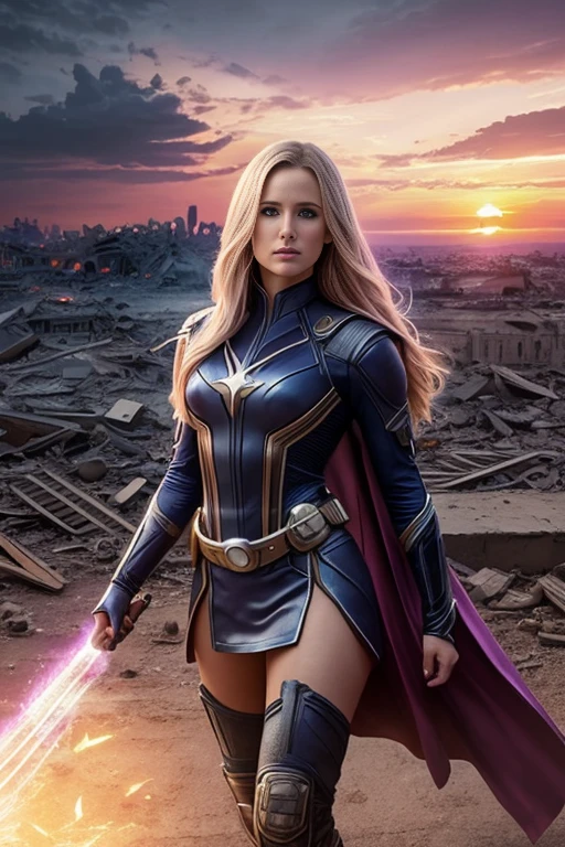 Kristen Bell、Torn Suit、I'm wearing a skirt、masterpiece, 1 Girl, マーベルのサイロックとしてbeautiful女性, X-Men Psylocke Cosplay、purple suit、Fine and delicate features, Futuristic New York Background, Science fiction, blonde, Super Heroine, heroic, Perfect balance, photograph, 超Realistic, masterpiece, 8k, large format camera, 110mm lens, Dynamic Lighting, Rim lighting、Official Art, extremely detailed CG 8K wallpaper, perfect Lighting, De color, bright_amount_method_Light, piel bright, (masterpiece:1.0), (Better_quality:1.0), Ultra-high resolution, 4k , Very detailed, Director of Photography, 8K, HDR, Altas ResoLightones, (Confused:1.2), Kodak Portrait 400, Film Grain, blurred background, (Bokeh:1.2), Lens flare, (Vibrant_color:1.2), プロのphotograph撮影, (beautiful_method:1.5),More detailed 8K.Unreal Engine:1.4,Hmm.,La Better calidad:1.4, Realistic:1.4, Skin temperature:1.4, masterpiece:1.8,masterpiece, Better calidad,Object Object], (Detailed facial features:1.3),(Anti-sedentary apocalyptic destroyed city:1.4), (Apocalyptic Sunset:1.4)