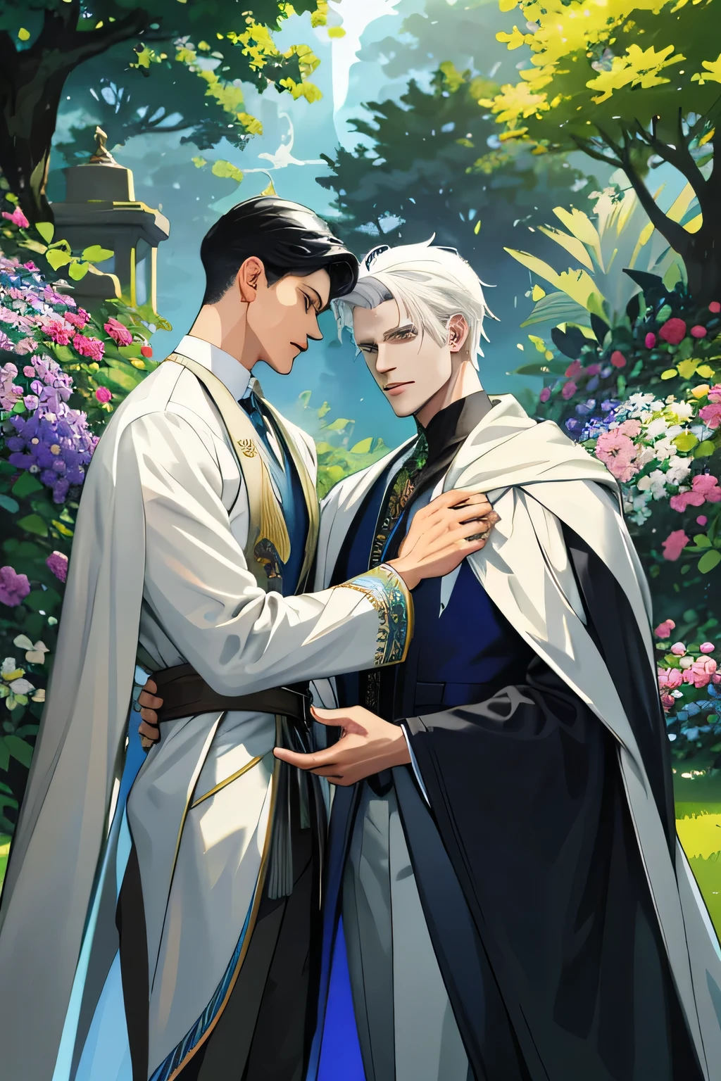 2 males, one taller than the other, with white hair and black hair, both of them muscular and cute, are depicted in a cool and colorful garden. The taller one has striking white hair styled in a modern and edgy way, while the shorter one has stylish black hair with a sleek undercut. Their eyes sparkle with charm and intensity, and their lips are perfectly defined and inviting. They are both dressed in silk and elegant outfits that reflect their unique styles and personalities.

The garden is filled with lush greenery and colorful flowers in full bloom. Sun rays penetrate through the branches, creating a magical atmosphere. The ground is covered with a soft carpet of fresh grass, inviting the viewer. The two males are exchanging smiles and glances filled with understanding and affection. They embrace their identity as gay men, expressing love and support for each other without hesitation.

The overall image quality is of the highest standard, showcasing the smallest details in ultra-high resolution. The colors are vivid and visually appealing, enhancing the overall realism of the scene. The lighting is expertly handled, with a combination of natural sunlight and soft, warm artificial light, casting beautiful shadows and highlights on the characters and surroundings.

The art style of the image is a blend of realism and concept art, capturing the essence of the characters and the magical garden setting. Night sky, all captured in a tarot card. 

In summary:
2 males, one taller than the other, with white hair, black hair, muscular, gay, cute, tarot, tarot card. One tall male. One short male. The picture is a tarot card.
Medium: Digital Art, Concept Art
Additional Details: Willow tree, lush night sky, colorful flowers, soft grass
Image Quality: (best quality, highres, ultra-detailed), realistic
Art Style: Realistic Concept Art
Color Palette: cool colours 
Lighting: Natural moonlight combined with soft artificial lighting