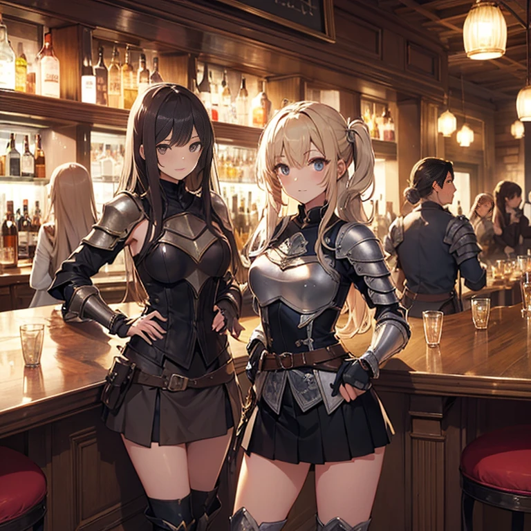 A group of  female medieval fantasy adventurers, (in tavern), various hair styles, harem, night, details face, short skirt, seducing, sleeveless, armor
