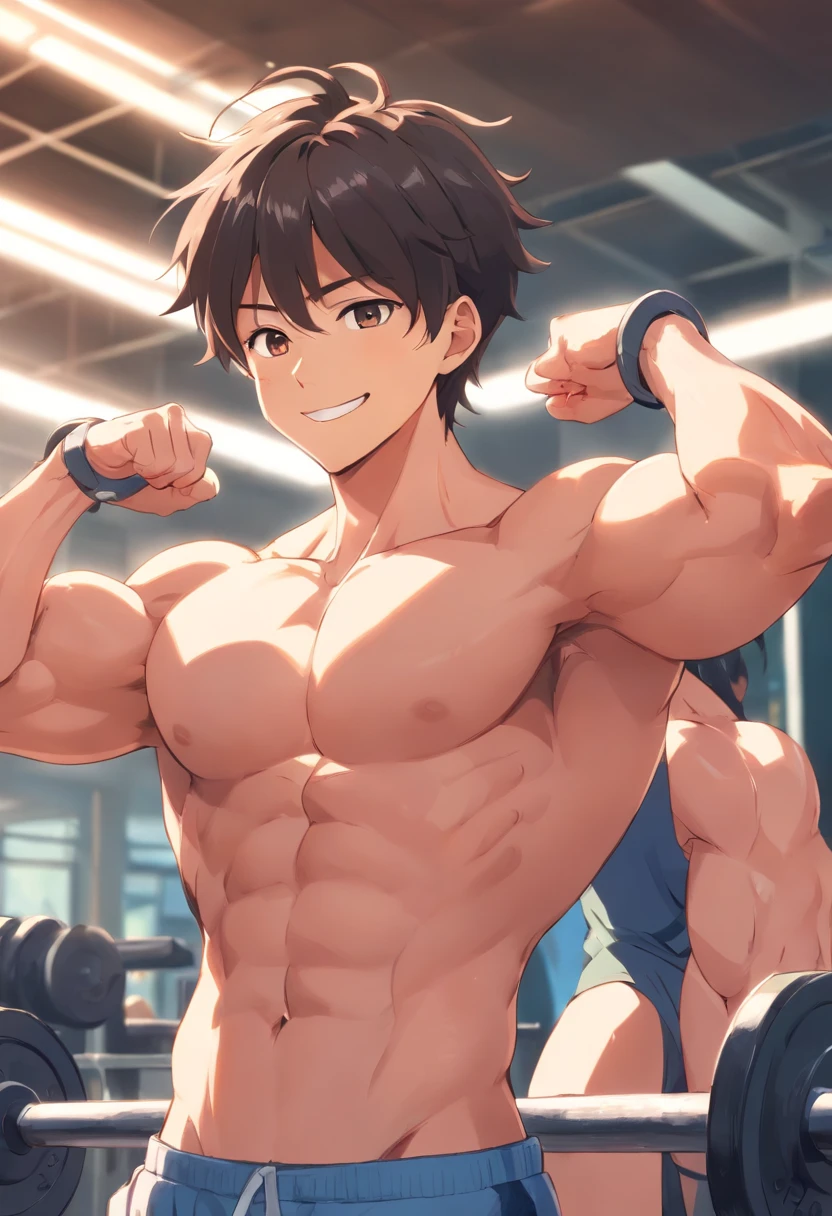 Anime boy, Masculino, Working out hard in a bodybuilding gym, extremely defined muscles, smiling, raise his arm, show armpit, naked, perfect penis shape, sweat, in heat