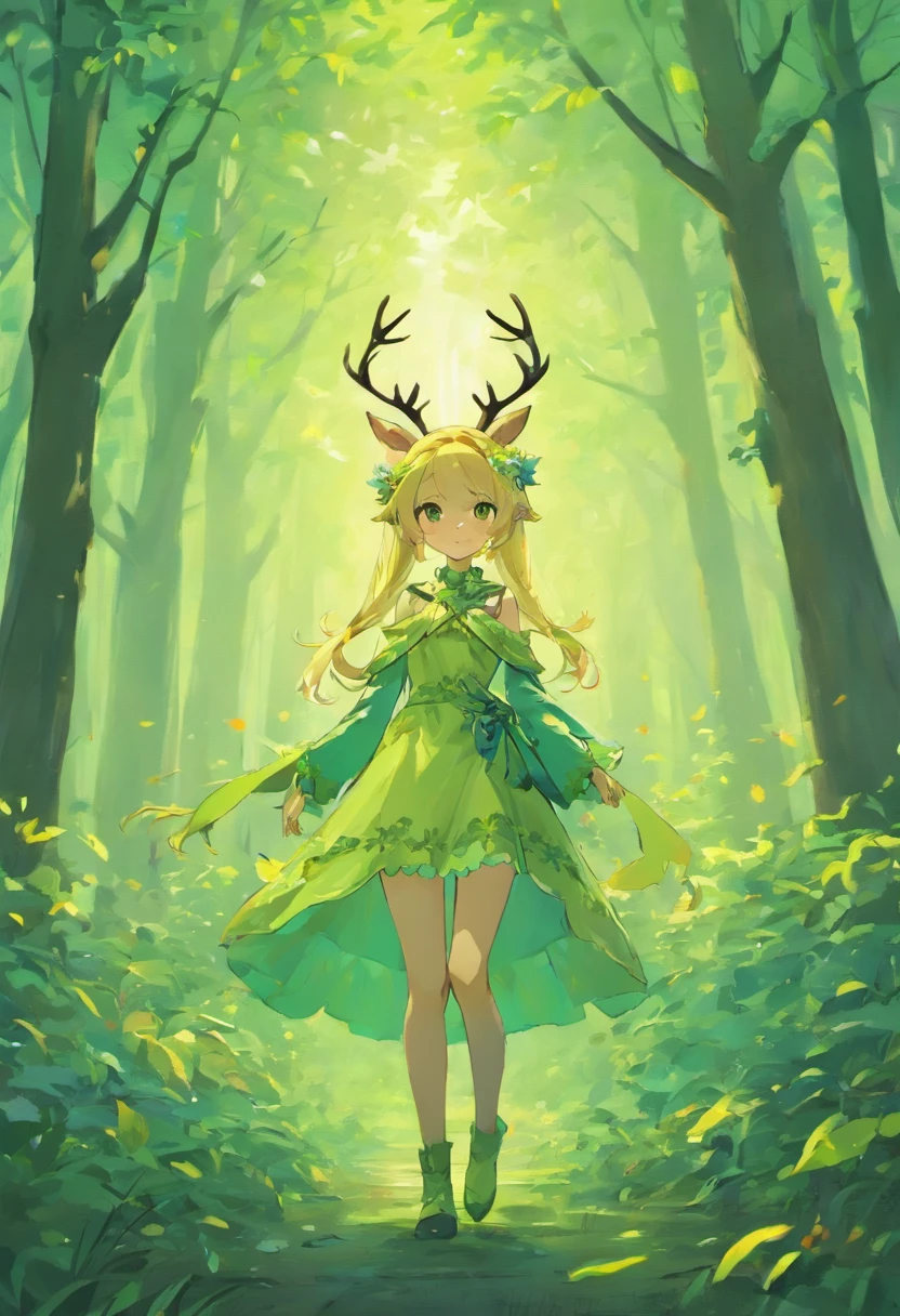 ln the forest,Deer elves,Ambient light,eventide,fresh flowers,butterflies flying