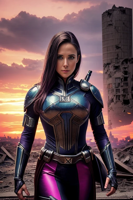 Kristen Bell、Torn Suit、I'm wearing a skirt、masterpiece, 1 Girl, マーベルのサイロックとしてbeautiful女性, X-Men Psylocke Cosplay、purple suit、Fine and delicate features, Futuristic New York Background, Science fiction, blonde, Super Heroine, heroic, Perfect balance, photograph, 超Realistic, masterpiece, 8k, large format camera, 110mm lens, Dynamic Lighting, Rim lighting、Official Art, extremely detailed CG 8K wallpaper, perfect Lighting, De color, bright_amount_method_Light, piel bright, (masterpiece:1.0), (Better_quality:1.0), Ultra-high resolution, 4k , Very detailed, Director of Photography, 8K, HDR, Altas ResoLightones, (Confused:1.2), Kodak Portrait 400, Film Grain, blurred background, (Bokeh:1.2), Lens flare, (Vibrant_color:1.2), プロのphotograph撮影, (beautiful_method:1.5),More detailed 8K.Unreal Engine:1.4,Hmm.,La Better calidad:1.4, Realistic:1.4, Skin temperature:1.4, masterpiece:1.8,masterpiece, Better calidad,Object Object], (Detailed facial features:1.3),(Anti-sedentary apocalyptic destroyed city:1.4), (Apocalyptic Sunset:1.4)