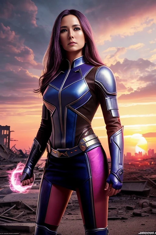 Halle Berry、Torn Suit、I'm wearing a skirt、masterpiece, 1 Girl, マーベルのサイロックとしてbeautiful女性, X-Men Psylocke Cosplay、purple suit、Fine and delicate features, Futuristic New York Background, Science fiction, blonde, Super Heroine, heroic, Perfect balance, photograph, 超Realistic, masterpiece, 8k, large format camera, 110mm lens, Dynamic Lighting, Rim lighting、Official Art, extremely detailed CG 8K wallpaper, perfect Lighting, De color, bright_amount_method_Light, piel bright, (masterpiece:1.0), (Better_quality:1.0), Ultra-high resolution, 4k , Very detailed, Director of Photography, 8K, HDR, Altas ResoLightones, (Confused:1.2), Kodak Portrait 400, Film Grain, blurred background, (Bokeh:1.2), Lens flare, (Vibrant_color:1.2), プロのphotograph撮影, (beautiful_method:1.5),More detailed 8K.Unreal Engine:1.4,Hmm.,La Better calidad:1.4, Realistic:1.4, Skin temperature:1.4, masterpiece:1.8,masterpiece, Better calidad,object object], (Detailed facial features:1.3),(Anti-sedentary apocalyptic destroyed city:1.4), (Apocalyptic Sunset:1.4)