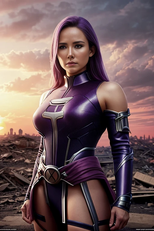 Kristen Bell、Torn Suit、I'm wearing a skirt、masterpiece, 1 Girl, マーベルのサイロックとしてbeautiful女性, X-Men Psylocke Cosplay、purple suit、Fine and delicate features, Futuristic New York Background, Science fiction, blonde, Super Heroine, heroic, Perfect balance, photograph, 超Realistic, masterpiece, 8k, large format camera, 110mm lens, Dynamic Lighting, Rim lighting、Official Art, extremely detailed CG 8K wallpaper, perfect Lighting, De color, bright_amount_method_Light, piel bright, (masterpiece:1.0), (Better_quality:1.0), Ultra-high resolution, 4k , Very detailed, Director of Photography, 8K, HDR, Altas ResoLightones, (Confused:1.2), Kodak Portrait 400, Film Grain, blurred background, (Bokeh:1.2), Lens flare, (Vibrant_color:1.2), プロのphotograph撮影, (beautiful_method:1.5),More detailed 8K.Unreal Engine:1.4,Hmm.,La Better calidad:1.4, Realistic:1.4, Skin temperature:1.4, masterpiece:1.8,masterpiece, Better calidad,Object Object], (Detailed facial features:1.3),(Anti-sedentary apocalyptic destroyed city:1.4), (Apocalyptic Sunset:1.4)