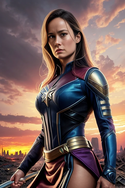 Brie Larson、Torn Suit、I'm wearing a skirt、masterpiece, 1 Girl, マーベルのサイロックとしてbeautiful女性, X-Men Psylocke Cosplay、purple suit、Fine and delicate features, Futuristic New York Background, Science fiction, blonde, Super Heroine, heroic, Perfect balance, photograph, 超Realistic, masterpiece, 8k, large format camera, 110mm lens, Dynamic Lighting, Rim lighting、Official Art, extremely detailed CG 8K wallpaper, perfect Lighting, De color, bright_amount_method_Light, piel bright, (masterpiece:1.0), (Better_quality:1.0), Ultra-high resolution, 4k , Very detailed, Director of Photography, 8K, HDR, Altas ResoLightones, (Confused:1.2), Kodak Portrait 400, Film Grain, blurred background, (Bokeh:1.2), Lens flare, (Vibrant_color:1.2), プロのphotograph撮影, (beautiful_method:1.5),More detailed 8K.Unreal Engine:1.4,Hmm.,La Better calidad:1.4, Realistic:1.4, Skin temperature:1.4, masterpiece:1.8,masterpiece, Better calidad,Object Object], (Detailed facial features:1.3),(Anti-sedentary apocalyptic destroyed city:1.4), (Apocalyptic Sunset:1.4)