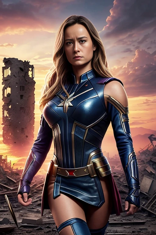 Brie Larson、Torn Suit、I'm wearing a skirt、masterpiece, 1 Girl, マーベルのサイロックとしてbeautiful女性, X-Men Psylocke Cosplay、purple suit、Fine and delicate features, Futuristic New York Background, Science fiction, blonde, Super Heroine, heroic, Perfect balance, photograph, 超Realistic, masterpiece, 8k, large format camera, 110mm lens, Dynamic Lighting, Rim lighting、Official Art, extremely detailed CG 8K wallpaper, perfect Lighting, De color, bright_amount_method_Light, piel bright, (masterpiece:1.0), (Better_quality:1.0), Ultra-high resolution, 4k , Very detailed, Director of Photography, 8K, HDR, Altas ResoLightones, (Confused:1.2), Kodak Portrait 400, Film Grain, blurred background, (Bokeh:1.2), Lens flare, (Vibrant_color:1.2), プロのphotograph撮影, (beautiful_method:1.5),More detailed 8K.Unreal Engine:1.4,Hmm.,La Better calidad:1.4, Realistic:1.4, Skin temperature:1.4, masterpiece:1.8,masterpiece, Better calidad,Object Object], (Detailed facial features:1.3),(Anti-sedentary apocalyptic destroyed city:1.4), (Apocalyptic Sunset:1.4)