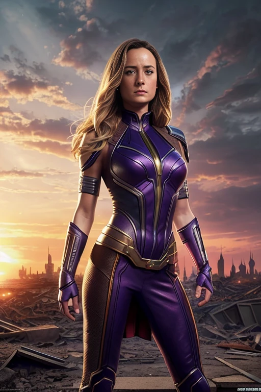 Brie Larson、Torn Suit、I'm wearing a skirt、masterpiece, 1 Girl, マーベルのサイロックとしてbeautiful女性, X-Men Psylocke Cosplay、purple suit、Fine and delicate features, Futuristic New York Background, Science fiction, blonde, Super Heroine, heroic, Perfect balance, photograph, 超Realistic, masterpiece, 8k, large format camera, 110mm lens, Dynamic Lighting, Rim lighting、Official Art, extremely detailed CG 8K wallpaper, perfect Lighting, De color, bright_amount_method_Light, piel bright, (masterpiece:1.0), (Better_quality:1.0), Ultra-high resolution, 4k , Very detailed, Director of Photography, 8K, HDR, Altas ResoLightones, (Confused:1.2), Kodak Portrait 400, Film Grain, blurred background, (Bokeh:1.2), Lens flare, (Vibrant_color:1.2), プロのphotograph撮影, (beautiful_method:1.5),More detailed 8K.Unreal Engine:1.4,Hmm.,La Better calidad:1.4, Realistic:1.4, Skin temperature:1.4, masterpiece:1.8,masterpiece, Better calidad,Object Object], (Detailed facial features:1.3),(Anti-sedentary apocalyptic destroyed city:1.4), (Apocalyptic Sunset:1.4)