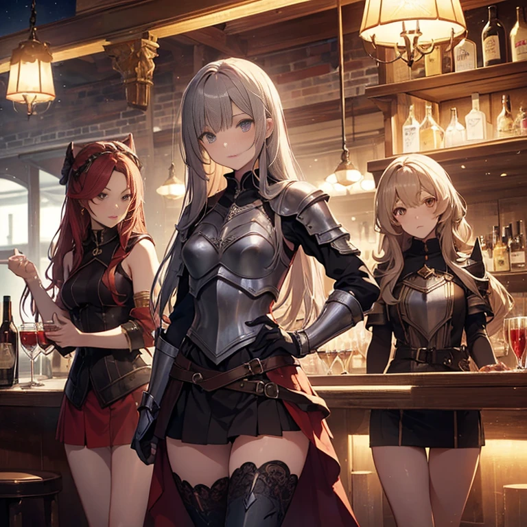 A group of female medieval fantasy adventurers, (in bar), various hair styles, harem, night, details face, short skirt, seducing, sleeveless, armor