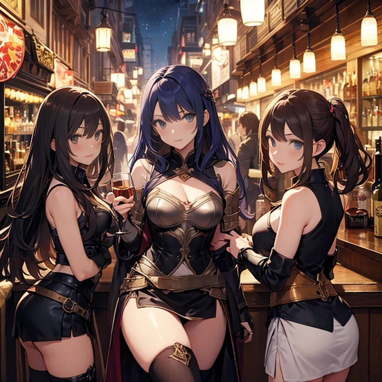 A group of female medieval fantasy adventurers, (in bar), various hair styles, harem, night, details face, short skirt, seducing, sleeveless, armor