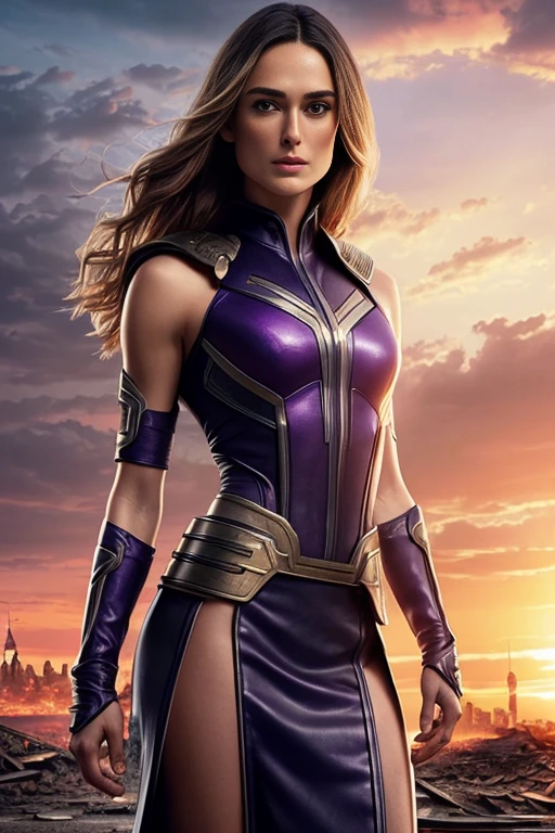 keira knightley、Torn Suit、I'm wearing a skirt、masterpiece, 1 Girl, マーベルのサイロックとしてbeautiful女性, X-Men Psylocke Cosplay、purple suit、Fine and delicate features, Futuristic New York Background, Science fiction, blonde, Super Heroine, heroic, Perfect balance, photograph, 超Realistic, masterpiece, 8k, large format camera, 110mm lens, Dynamic Lighting, Rim lighting、Official Art, extremely detailed CG 8K wallpaper, perfect Lighting, De color, bright_amount_method_Light, piel bright, (masterpiece:1.0), (Better_quality:1.0), Ultra-high resolution, 4k , Very detailed, Director of Photography, 8K, HDR, Altas ResoLightones, (Confused:1.2), Kodak Portrait 400, Film Grain, blurred background, (Bokeh:1.2), Lens flare, (Vibrant_color:1.2), プロのphotograph撮影, (beautiful_method:1.5),More detailed 8K.Unreal Engine:1.4,Hmm.,La Better calidad:1.4, Realistic:1.4, Skin temperature:1.4, masterpiece:1.8,masterpiece, Better calidad,Object Object], (Detailed facial features:1.3),(Anti-sedentary apocalyptic destroyed city:1.4), (Apocalyptic Sunset:1.4)