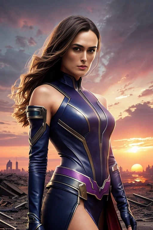 keira knightley、Torn Suit、I'm wearing a skirt、masterpiece, 1 Girl, マーベルのサイロックとしてbeautiful女性, X-Men Psylocke Cosplay、purple suit、Fine and delicate features, Futuristic New York Background, Science fiction, blonde, Super Heroine, heroic, Perfect balance, photograph, 超Realistic, masterpiece, 8k, large format camera, 110mm lens, Dynamic Lighting, Rim lighting、Official Art, extremely detailed CG 8K wallpaper, perfect Lighting, De color, bright_amount_method_Light, piel bright, (masterpiece:1.0), (Better_quality:1.0), Ultra-high resolution, 4k , Very detailed, Director of Photography, 8K, HDR, Altas ResoLightones, (Confused:1.2), Kodak Portrait 400, Film Grain, blurred background, (Bokeh:1.2), Lens flare, (Vibrant_color:1.2), プロのphotograph撮影, (beautiful_method:1.5),More detailed 8K.Unreal Engine:1.4,Hmm.,La Better calidad:1.4, Realistic:1.4, Skin temperature:1.4, masterpiece:1.8,masterpiece, Better calidad,Object Object], (Detailed facial features:1.3),(Anti-sedentary apocalyptic destroyed city:1.4), (Apocalyptic Sunset:1.4)