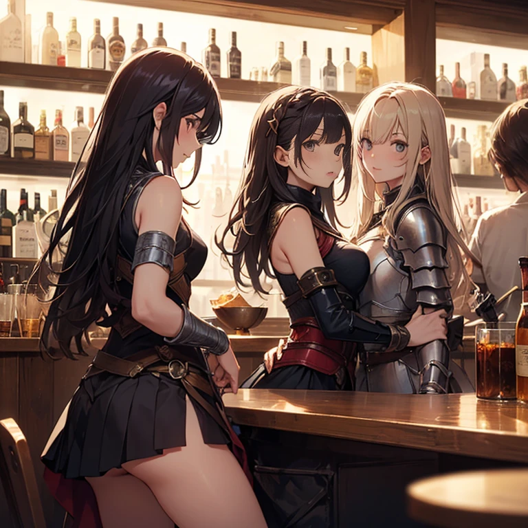 A group of female medieval fantasy adventurers, (in bar), various hair styles, harem, night, details face, short skirt, seducing, sleeveless, armor