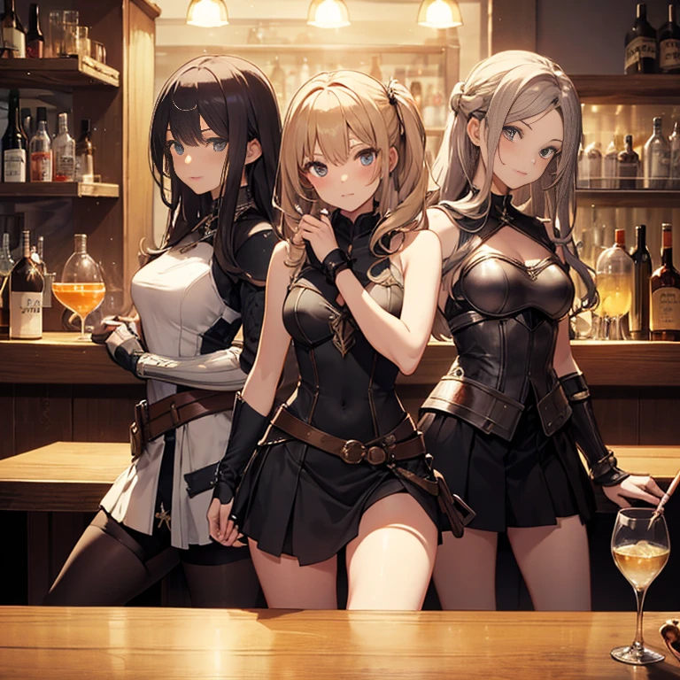 A group of  female medieval fantasy adventurers, (in bar), various hair styles, harem, night, details face, short skirt, seducing, sleeveless, armor 