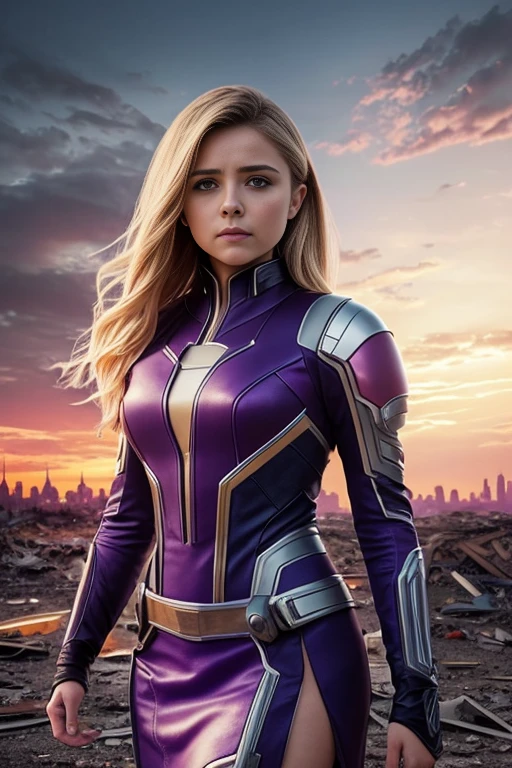 Chloe Grace Moretz、Torn Suit、I'm wearing a skirt、masterpiece, 1 Girl, マーベルのサイロックとしてbeautiful女性, X-Men Psylocke Cosplay、purple suit、Fine and delicate features, Futuristic New York Background, Science fiction, blonde, Super Heroine, heroic, Perfect balance, photograph, 超Realistic, masterpiece, 8k, large format camera, 110mm lens, Dynamic Lighting, Rim lighting、Official Art, extremely detailed CG 8K wallpaper, perfect Lighting, De color, bright_amount_method_Light, piel bright, (masterpiece:1.0), (Better_quality:1.0), Ultra-high resolution, 4k , Very detailed, Director of Photography, 8K, HDR, Altas ResoLightones, (Confused:1.2), Kodak Portrait 400, Film Grain, blurred background, (Bokeh:1.2), Lens flare, (Vibrant_color:1.2), プロのphotograph撮影, (beautiful_method:1.5),More detailed 8K.Unreal Engine:1.4,Hmm.,La Better calidad:1.4, Realistic:1.4, Skin temperature:1.4, masterpiece:1.8,masterpiece, Better calidad,Object Object], (Detailed facial features:1.3),(Anti-sedentary apocalyptic destroyed city:1.4), (Apocalyptic Sunset:1.4)