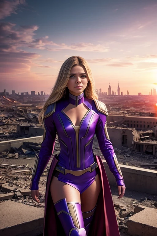 Chloe Grace Moretz、Torn Suit、I'm wearing a skirt、masterpiece, 1 Girl, マーベルのサイロックとしてbeautiful女性, X-Men Psylocke Cosplay、purple suit、Fine and delicate features, Futuristic New York Background, Science fiction, blonde, Super Heroine, heroic, Perfect balance, photograph, 超Realistic, masterpiece, 8k, large format camera, 110mm lens, Dynamic Lighting, Rim lighting、Official Art, extremely detailed CG 8K wallpaper, perfect Lighting, De color, bright_amount_method_Light, piel bright, (masterpiece:1.0), (Better_quality:1.0), Ultra-high resolution, 4k , Very detailed, Director of Photography, 8K, HDR, Altas ResoLightones, (Confused:1.2), Kodak Portrait 400, Film Grain, blurred background, (Bokeh:1.2), Lens flare, (Vibrant_color:1.2), プロのphotograph撮影, (beautiful_method:1.5),More detailed 8K.Unreal Engine:1.4,Hmm.,La Better calidad:1.4, Realistic:1.4, Skin temperature:1.4, masterpiece:1.8,masterpiece, Better calidad,Object Object], (Detailed facial features:1.3),(Anti-sedentary apocalyptic destroyed city:1.4), (Apocalyptic Sunset:1.4)