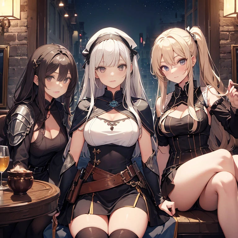 A group of  female medieval fantasy adventurers, (in tavern), various hair styles, harem, night, details face, short skirt, seducing, sleeveless, armor 