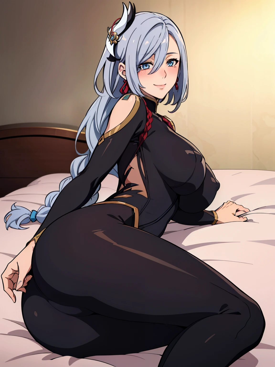 (lying, on side), focus on ass, earrings, braided ponytail, black bodysuit, hip vent, (luxury bedroom background), ShenheV4, anime cels style, best quality, high resolution, 1girl, (huge breasts:1.2), beautiful face, grey hair, long hair, hair ornament, hair over one eye, blue eyes, cowboy shot, smiling, blushing