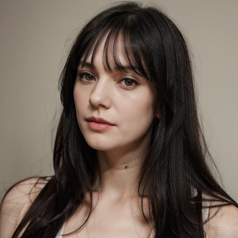 Mature adult woman, pale skin, long black hair, slightly wavy hair, micro bangs on hair, deep black eyes, showing vagina