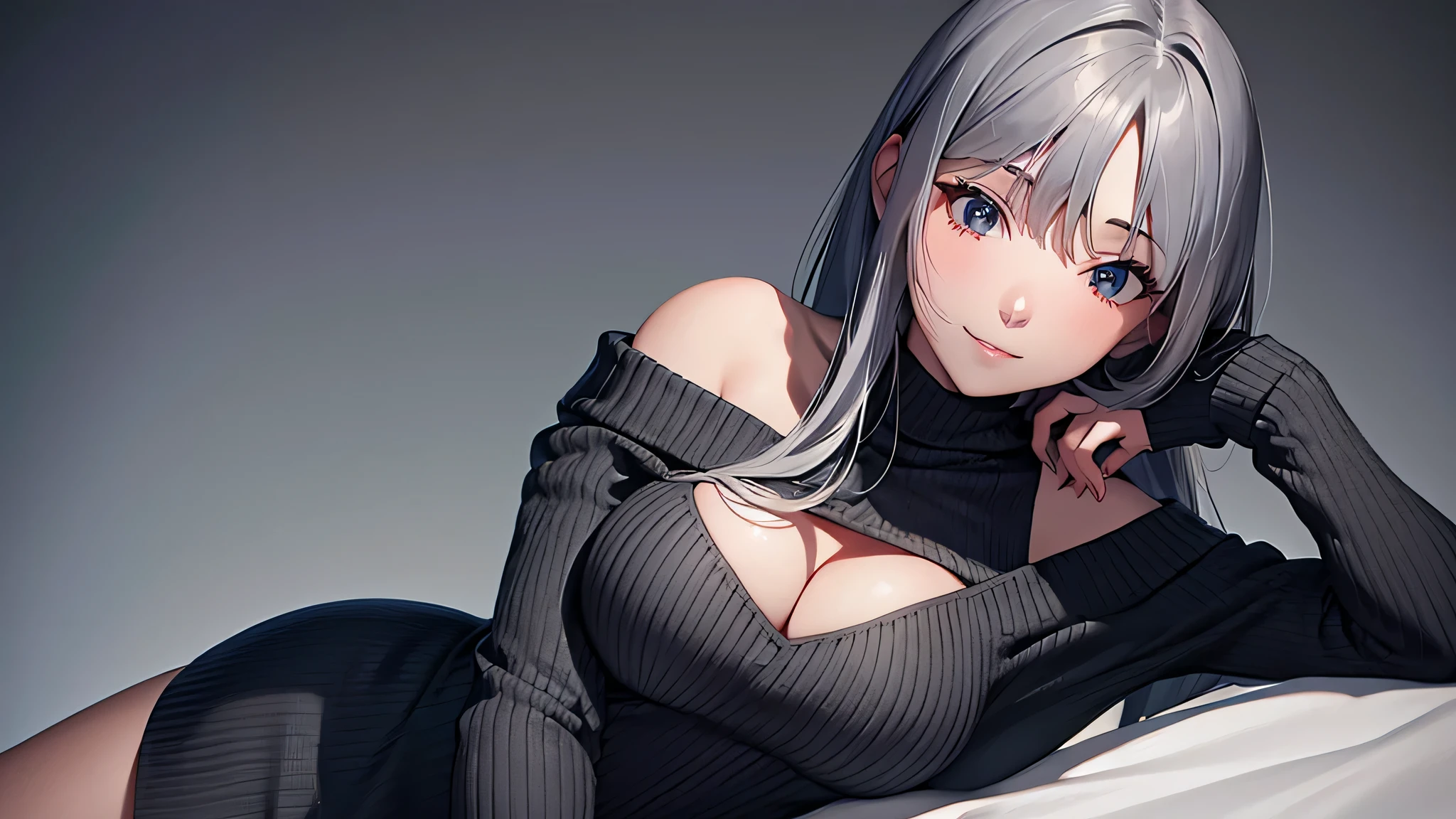 (off_shoulder:1) , (Grey knit dress:1.3), full body, , cleavage, (Japanese beauty), beautiful hair, smile, looking at the viewer, jet black background, Sigma 85mmF/1.4, (master piece), (low contrast:1.1), (highly detailed skin), (highly detailed lip), (highest quality:1.0), (ultra high resolution:1.0) ,(photo-realistic:1.2), (super detailed:1.0), (8k RAW photo:1.1)