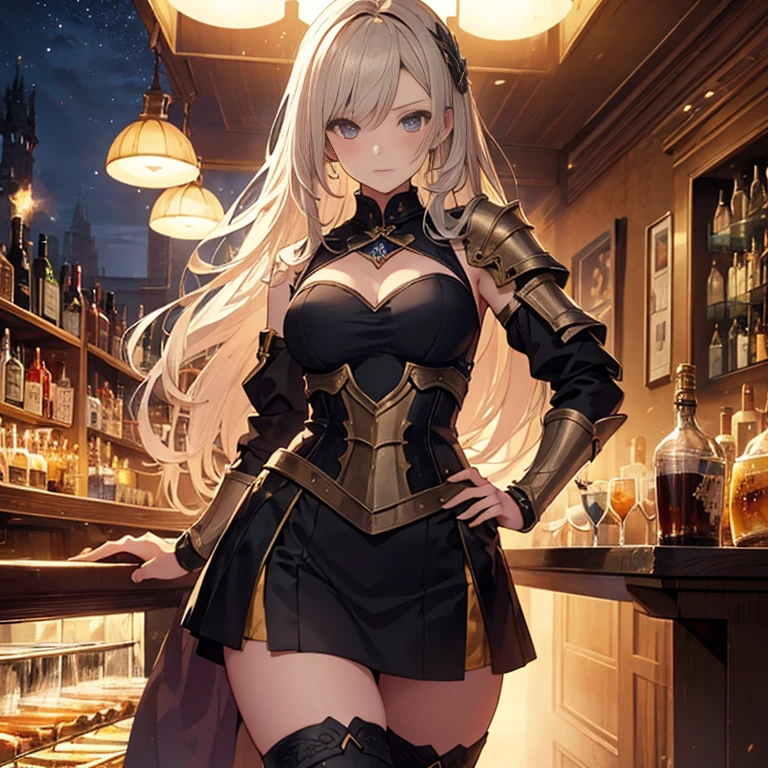 A group of  female medieval fantasy adventurers, (in bar), various hair styles, harem, night, details face, short skirt, seducing, sleeveless, armor 