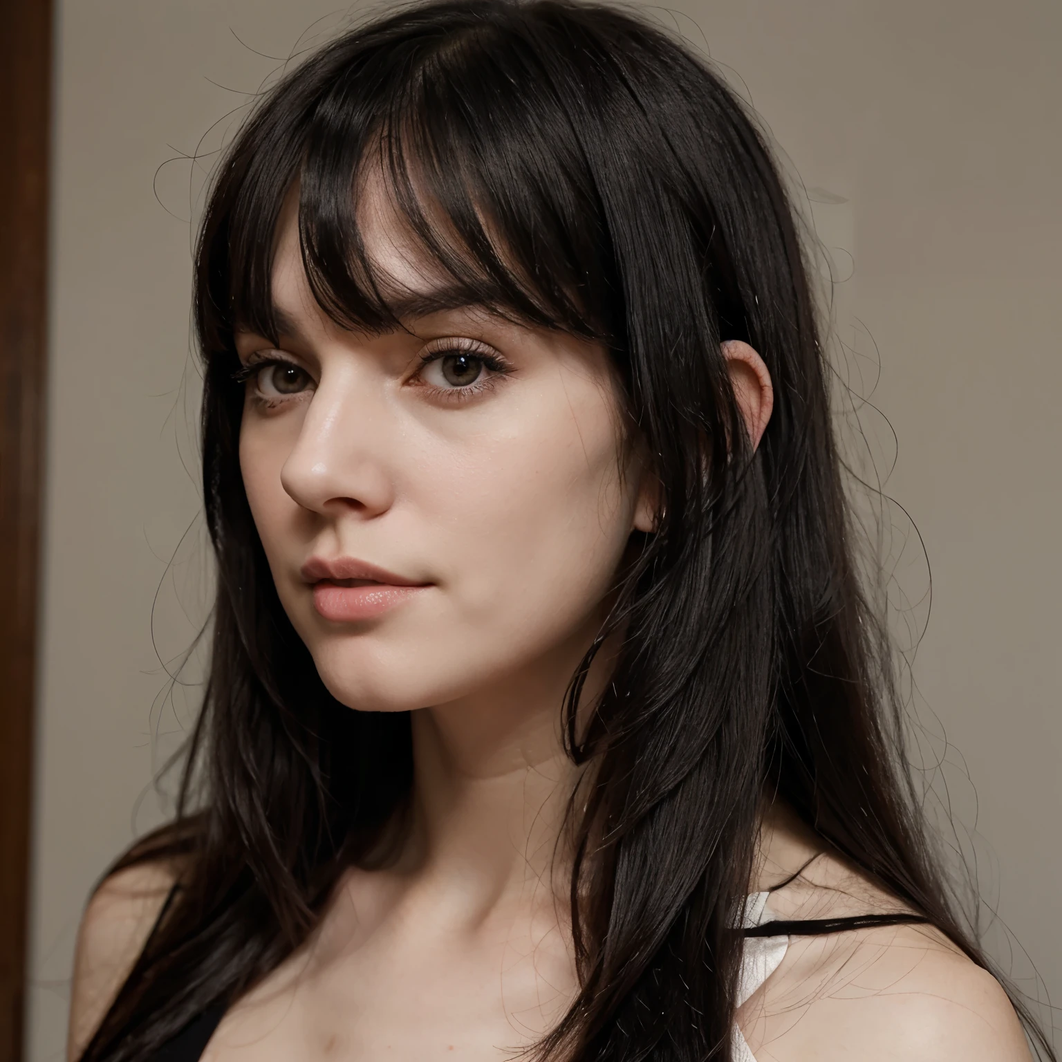 Mature adult woman, pale skin, long black hair, slightly wavy hair, micro bangs on hair, deep black eyes, showing vagina