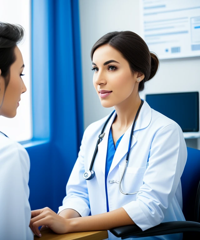 Young doctor sitting in clinic facing camera, paciente en consulta.